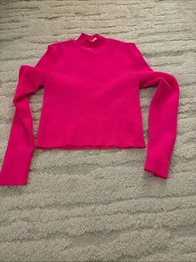 Zara Women's Ribbed Mock Neck Long Sleeve Top - Bright Pink